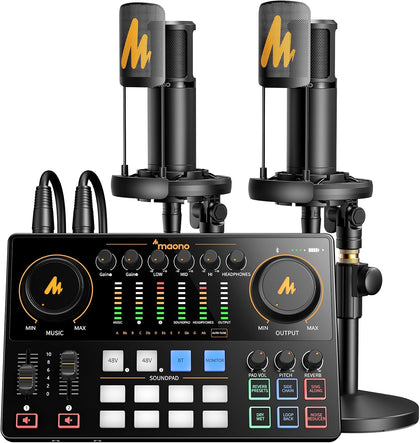 E2 Gen2B Podcast Equipment Bundle for 2, Dual XLR Condenser Mic Mixer | noise reduction, loopback, Bluetooth