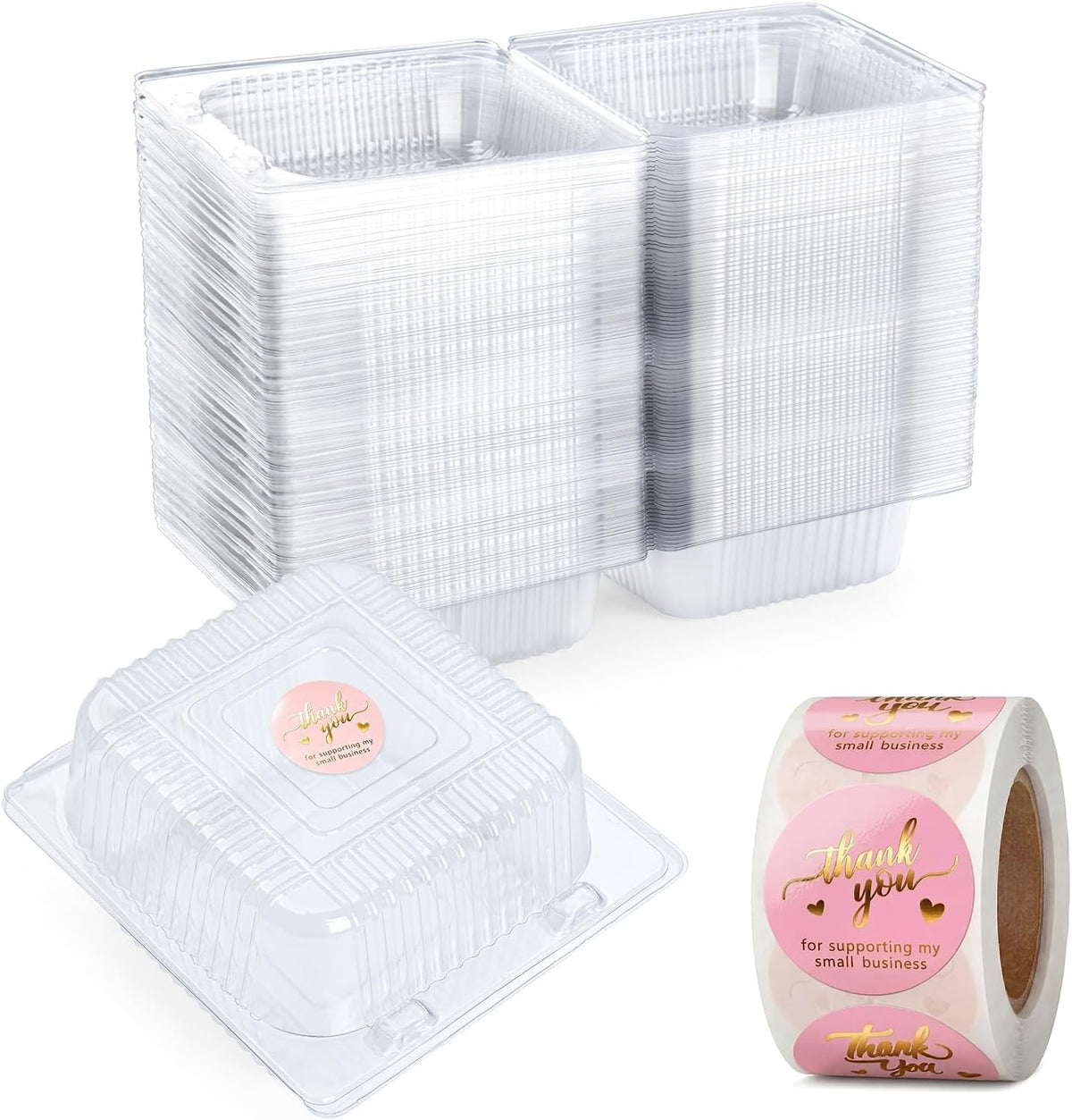 100 Pack Heavy Duty Clear Clamshell Food Containers with 500 Stickers