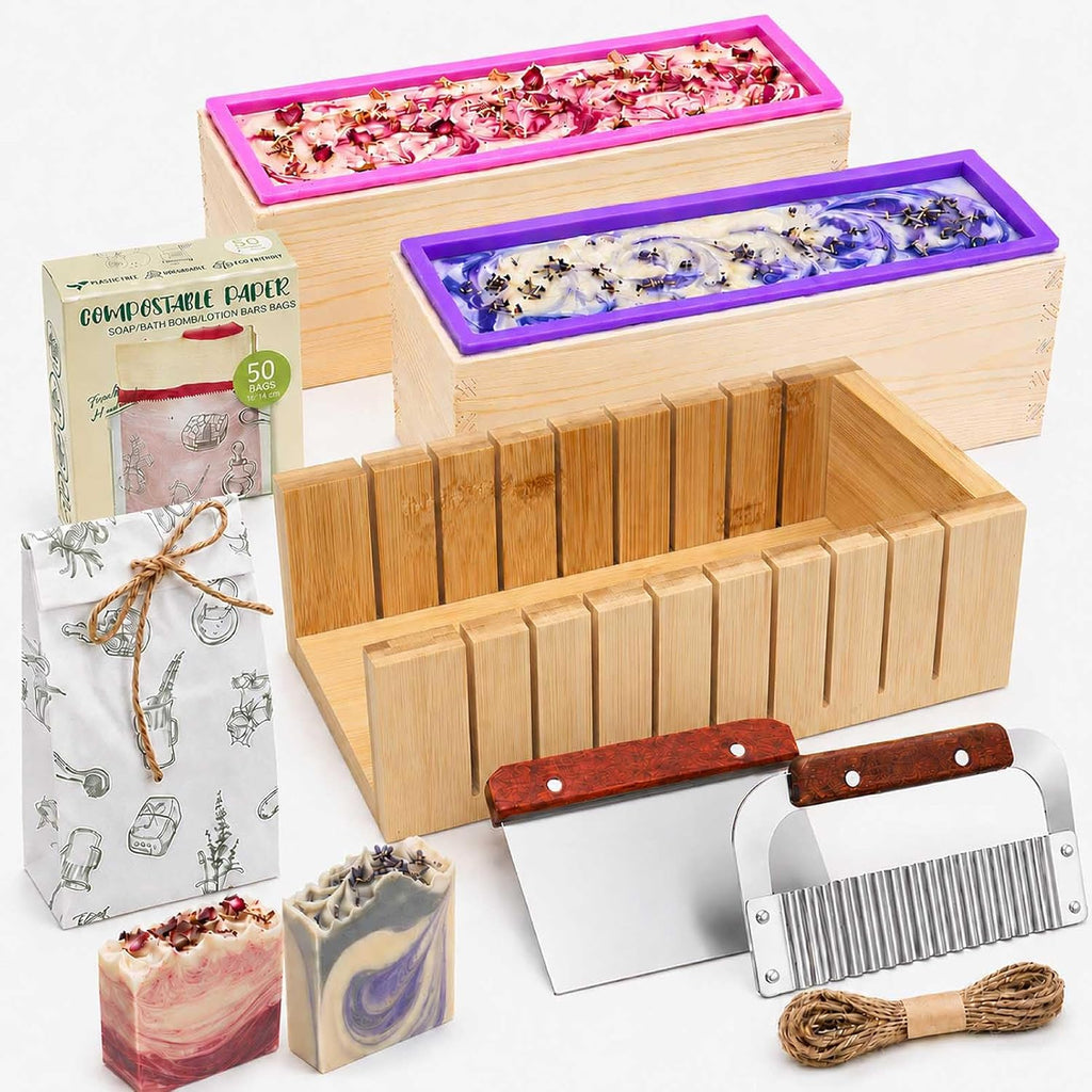 Soap Mold Making Kit with Wooden Cutter Soap Molds Silicone 46oz Purple | Melt and Pour or Cold Process, 50pc Soap