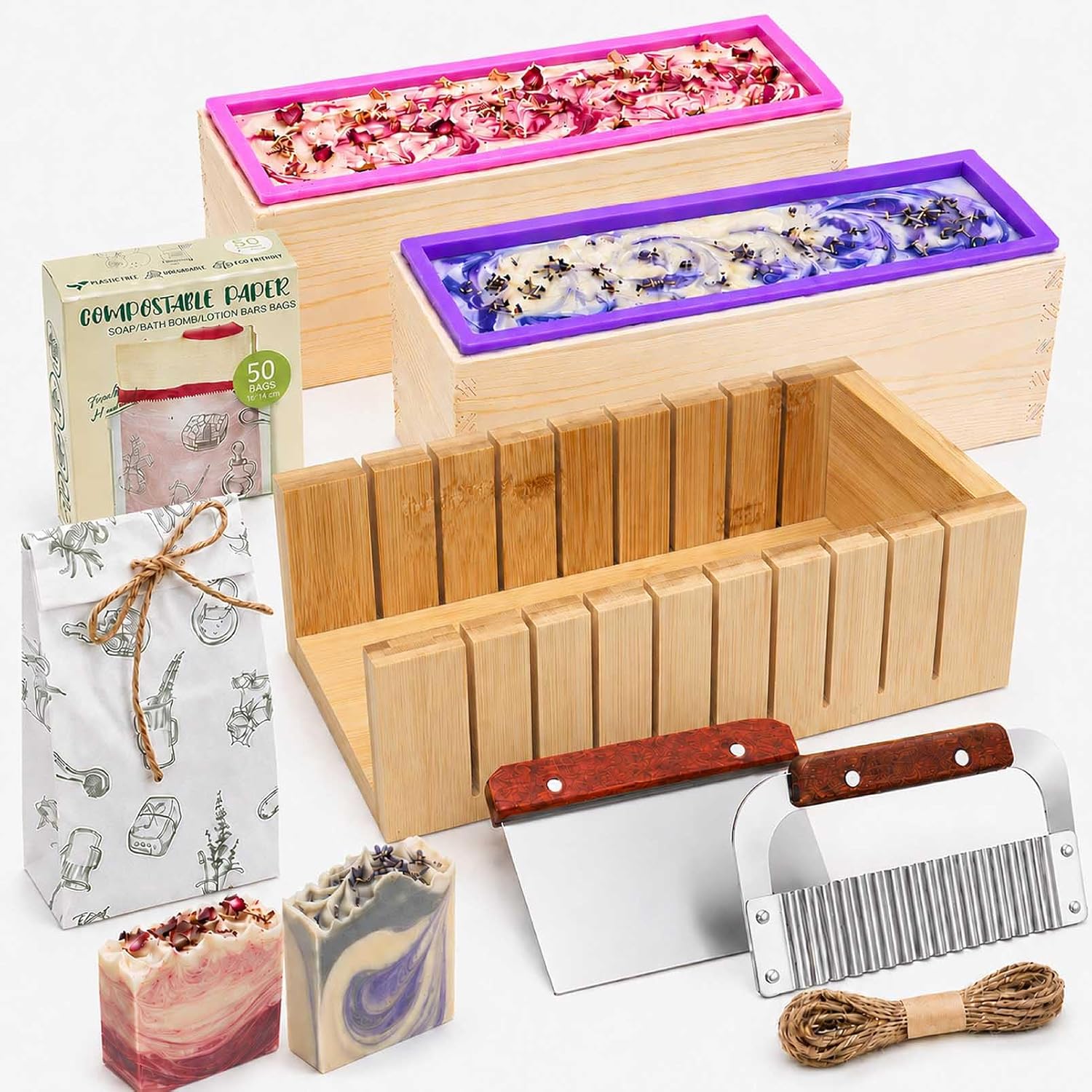 Soap Mold Making Kit with Wooden Cutter Soap Molds Silicone 46oz Purple | Melt and Pour or Cold Process, 50pc Soap