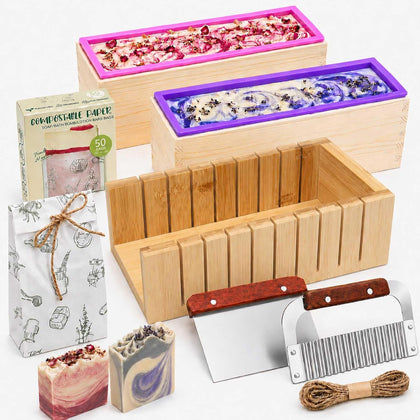 Soap Mold Making Kit with Wooden Cutter Soap Molds Silicone 46oz Purple | Melt and Pour or Cold Process, 50pc Soap