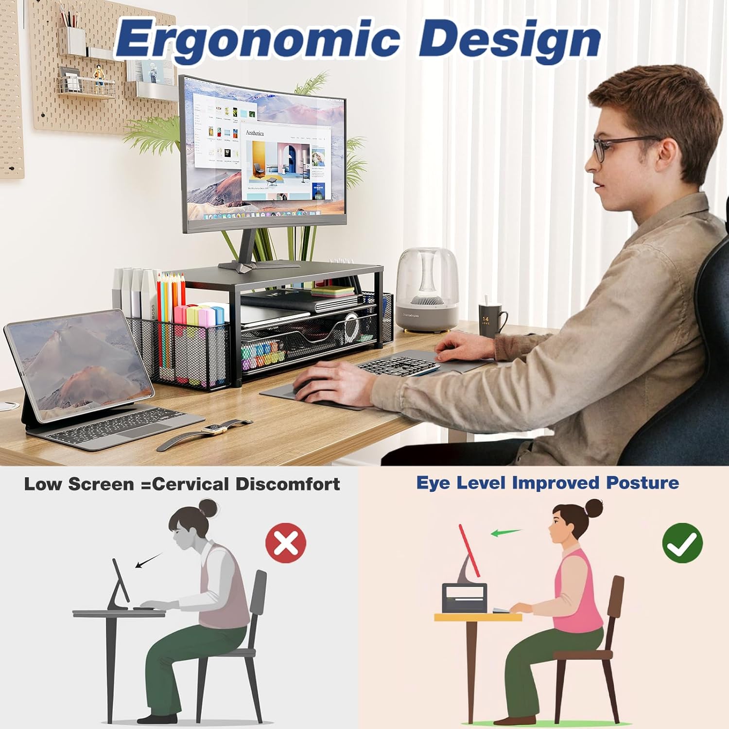 Desk Organizer and Accessories, 2-Tier Computer Monitor Stand Riser with Drawer and 2 Pen Holders, Laptop Stand