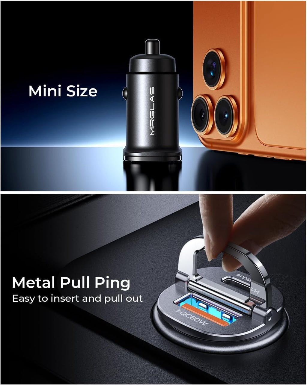 【Upgraded】 125W Car Charger USB C Super Fast Charging, [PD65W & QC60W][All Metal] MRGLAS Cigarette Lighter Car