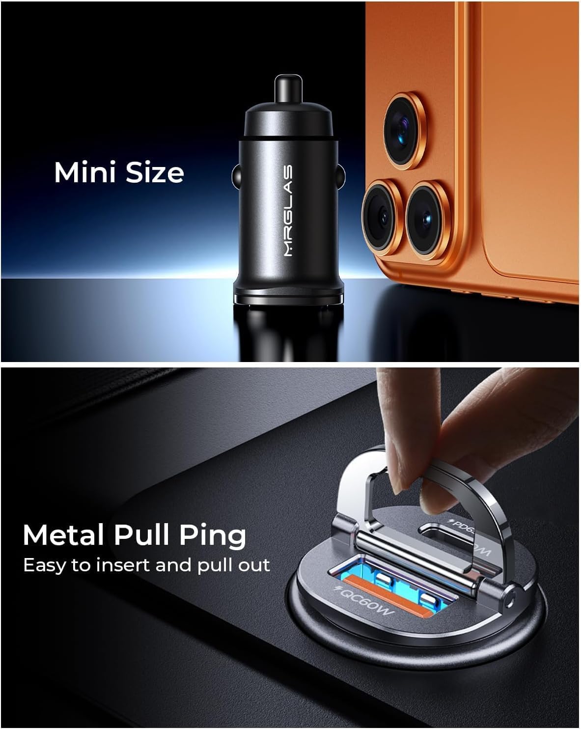 【Upgraded】 125W Car Charger USB C Super Fast Charging, [PD65W & QC60W][All Metal] MRGLAS Cigarette Lighter Car