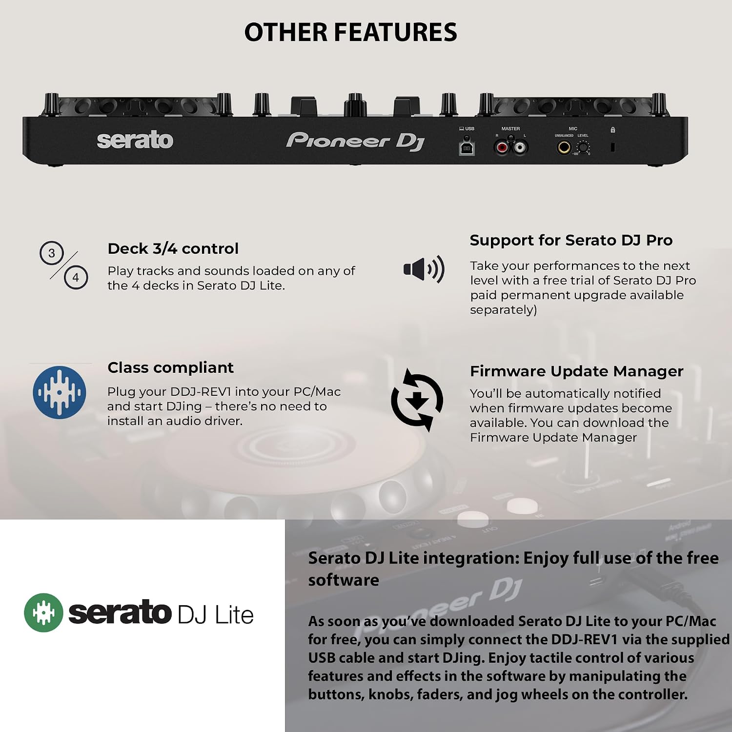 DJ DDJ-REV1 Scratch-Style 2-Channel DJ Controller for Serato DJ Lite - Black Bundle with Laptop Stand, Headphones