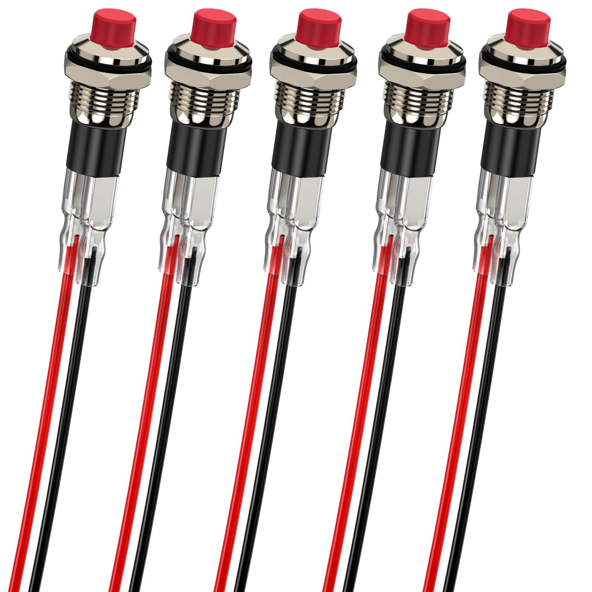 DIYhz Push Button Switch, Self-Locking Mini Switches Latching 10mm Round DC24V 0.5A Red Cap 5PCS with 20cm Cable