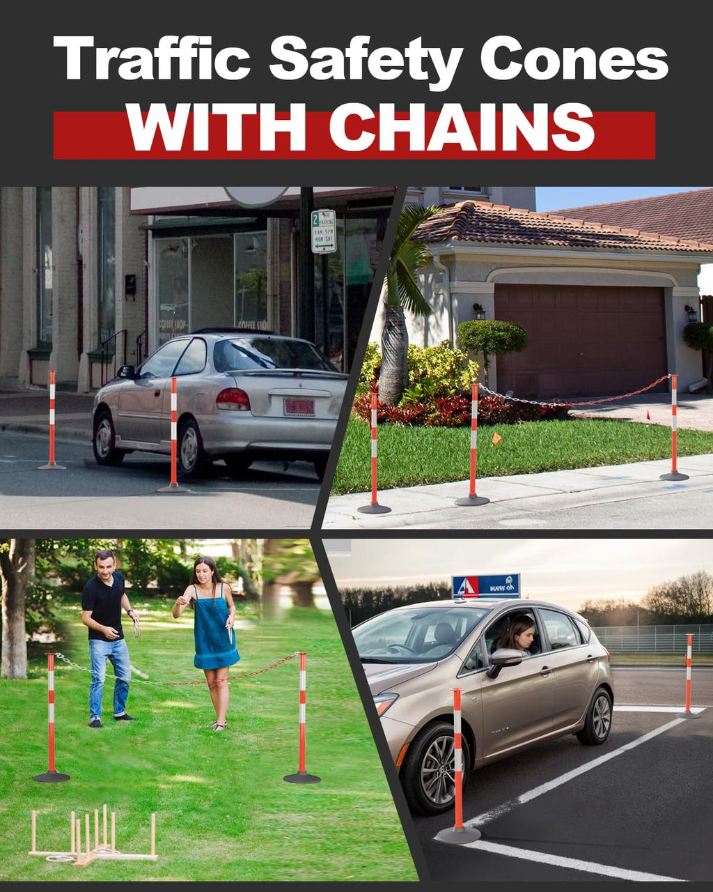 5 Pack 34 Inch Traffic Delineator Posts Cones, Orange | Weighted Base, Portable Safety Barrier, 5 FT Plastic Chain