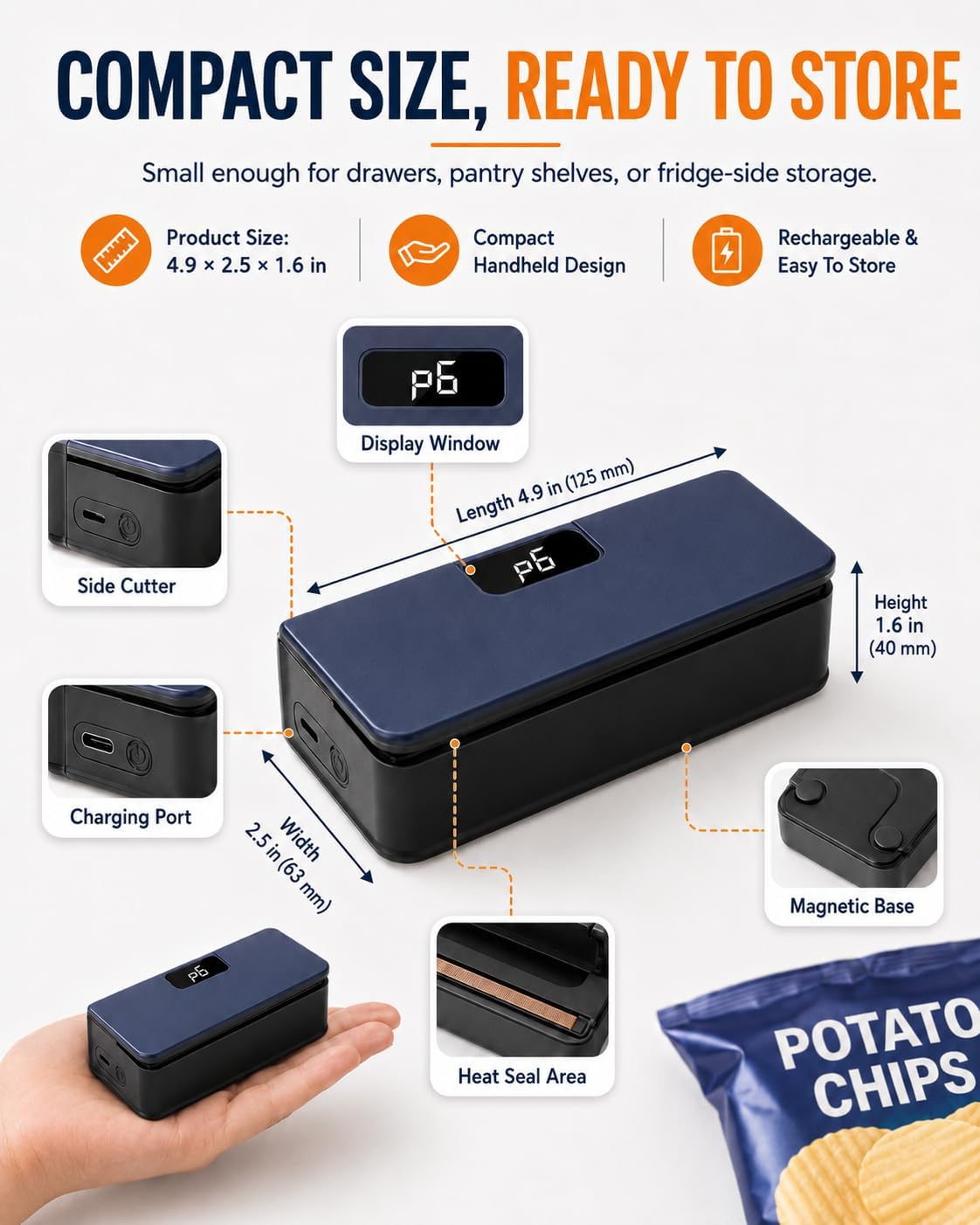 Bag Sealer Mini Chip Heat Press and Seal Magnetic Fridge Resealer Snap Machine for Rechargeable Handheld Refri