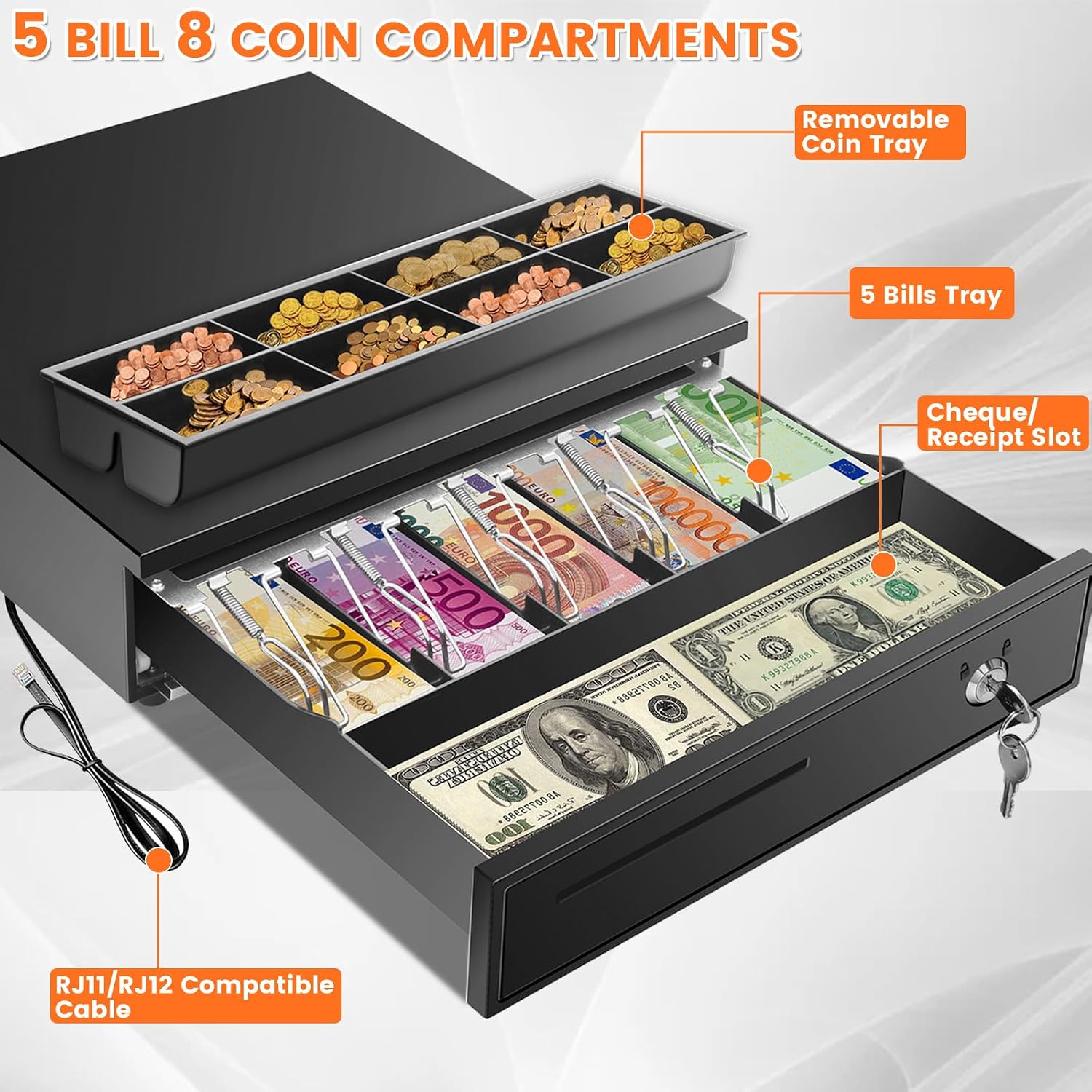 16.4" Cash Drawer with Media Slot, POS Cash Register with 5 Bill 8 Coin Slots, RJ11/RJ12 Printer-Driven, 3-Position