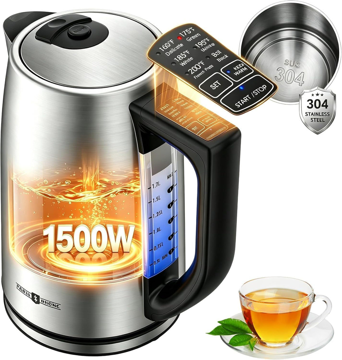 1.7L Electric Tea Kettle, 6 Precise Temperature Presets Stainless Steel Electric Kettle Temperature Control,1500W
