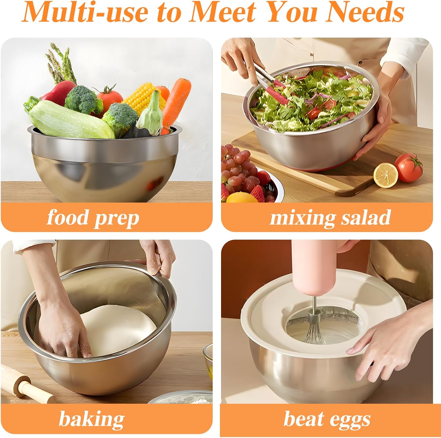 Mixing Bowls with Lids Set, 6 PCS Stainless Steel Mixing Bowls with 3 Grater Attachments, Kitchen Food Storage