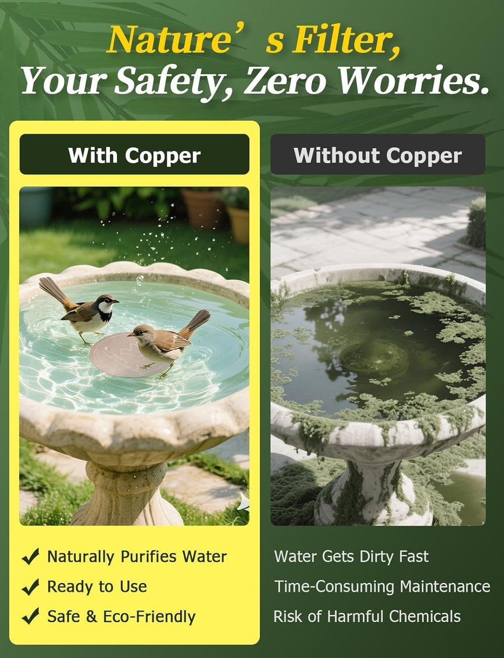 Bird Bath Copper Disc, 0.6mm Reinforced 99.99% Pure Copper Cleaning Disk for Physical Safe Clean Water All-Season