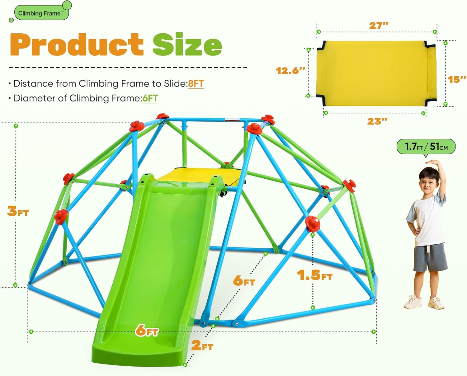 Climbing Dome with Slide Max Load 440Lbs, 8FT Jungle Gym Monkey Bar for Backyard, 2 in 1 Outdoor Climbing Frame Toys