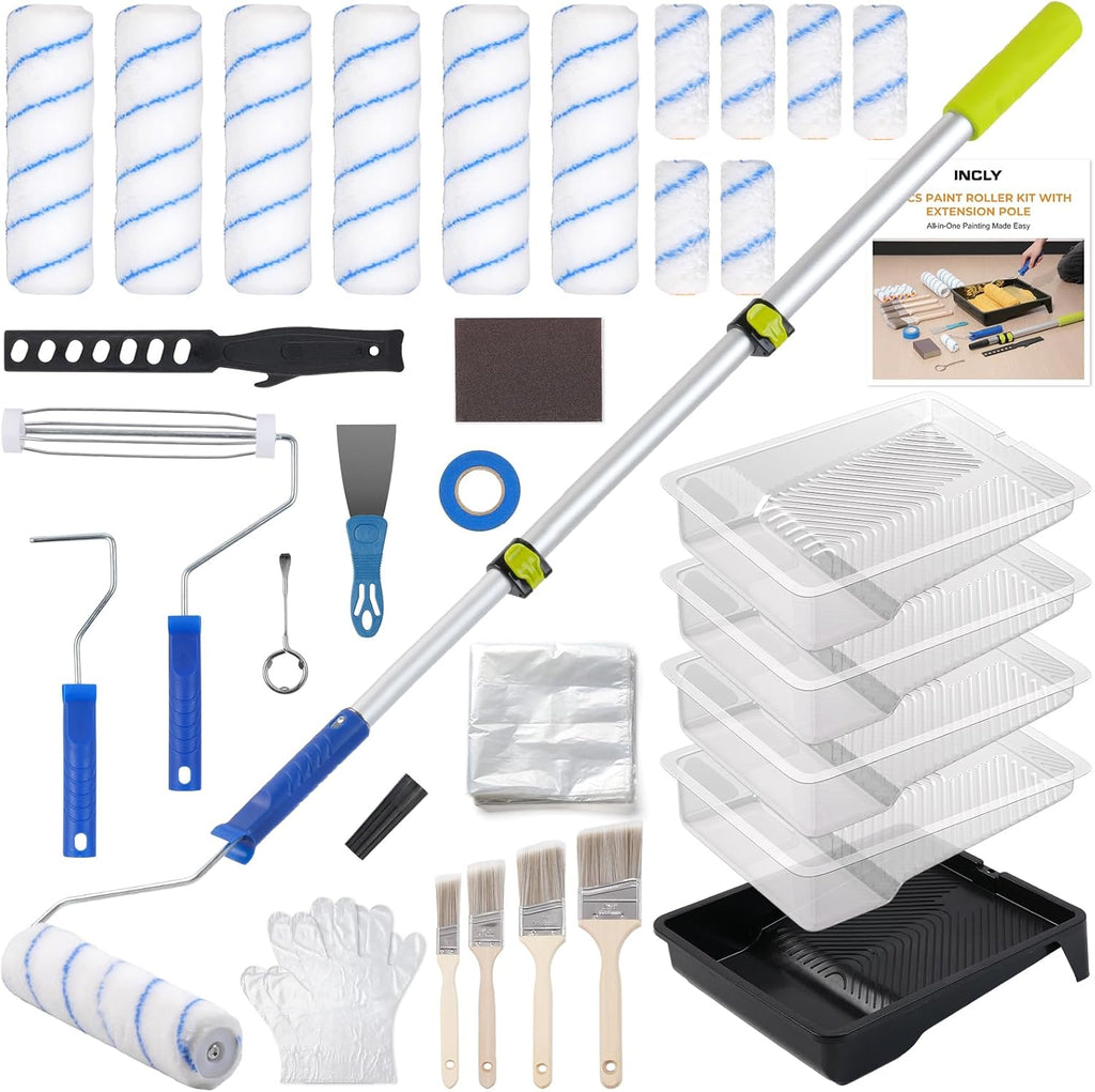 34PCS Paint Roller Kit with 2 to 4 Ft Extension Pole, 4" & 9" Paint Rollers with 11'' Tray, Paint Brushes, Painting
