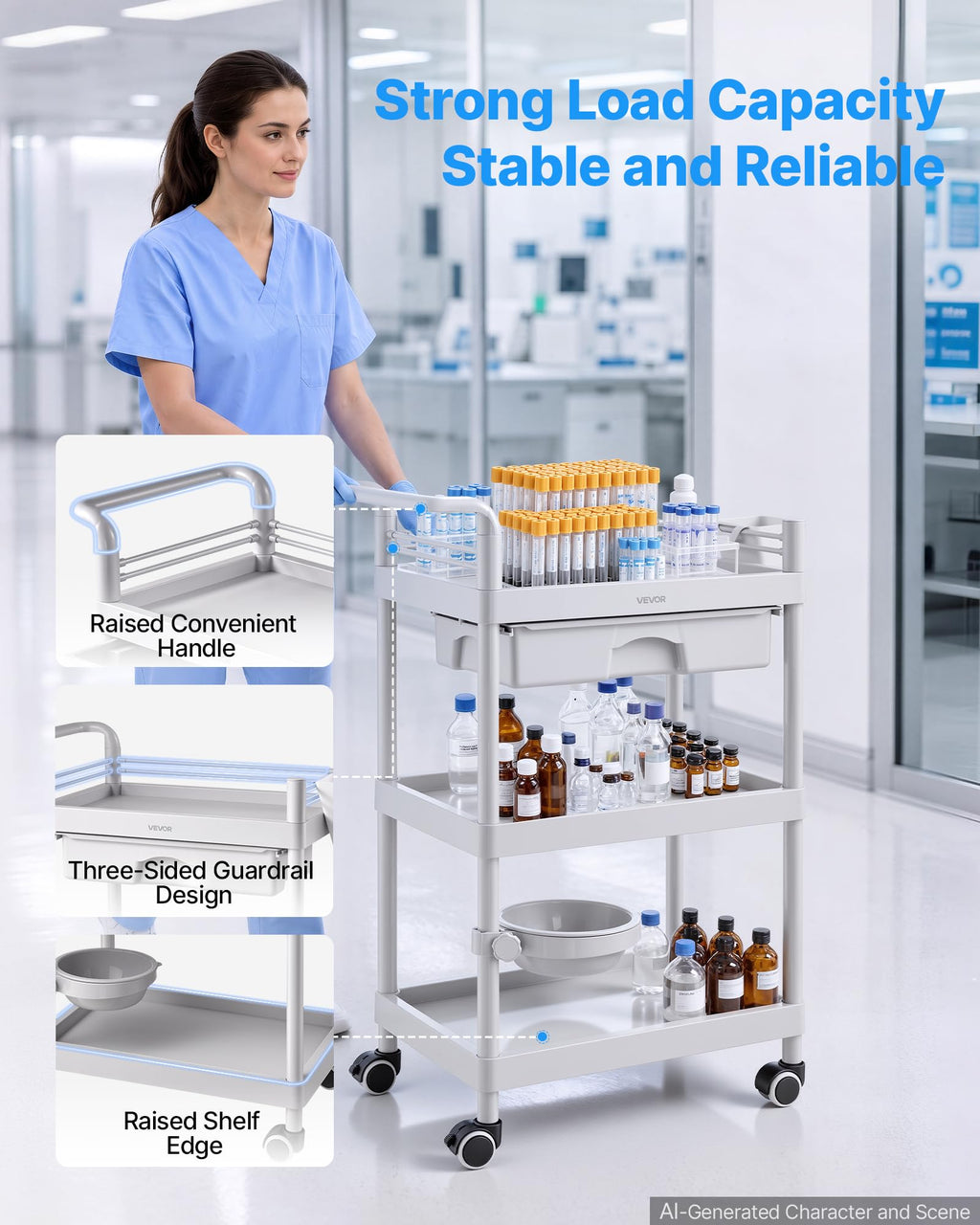 Medical Trolley 3-Tier Rolling Utility Cart with Wheels 110 lbs Load