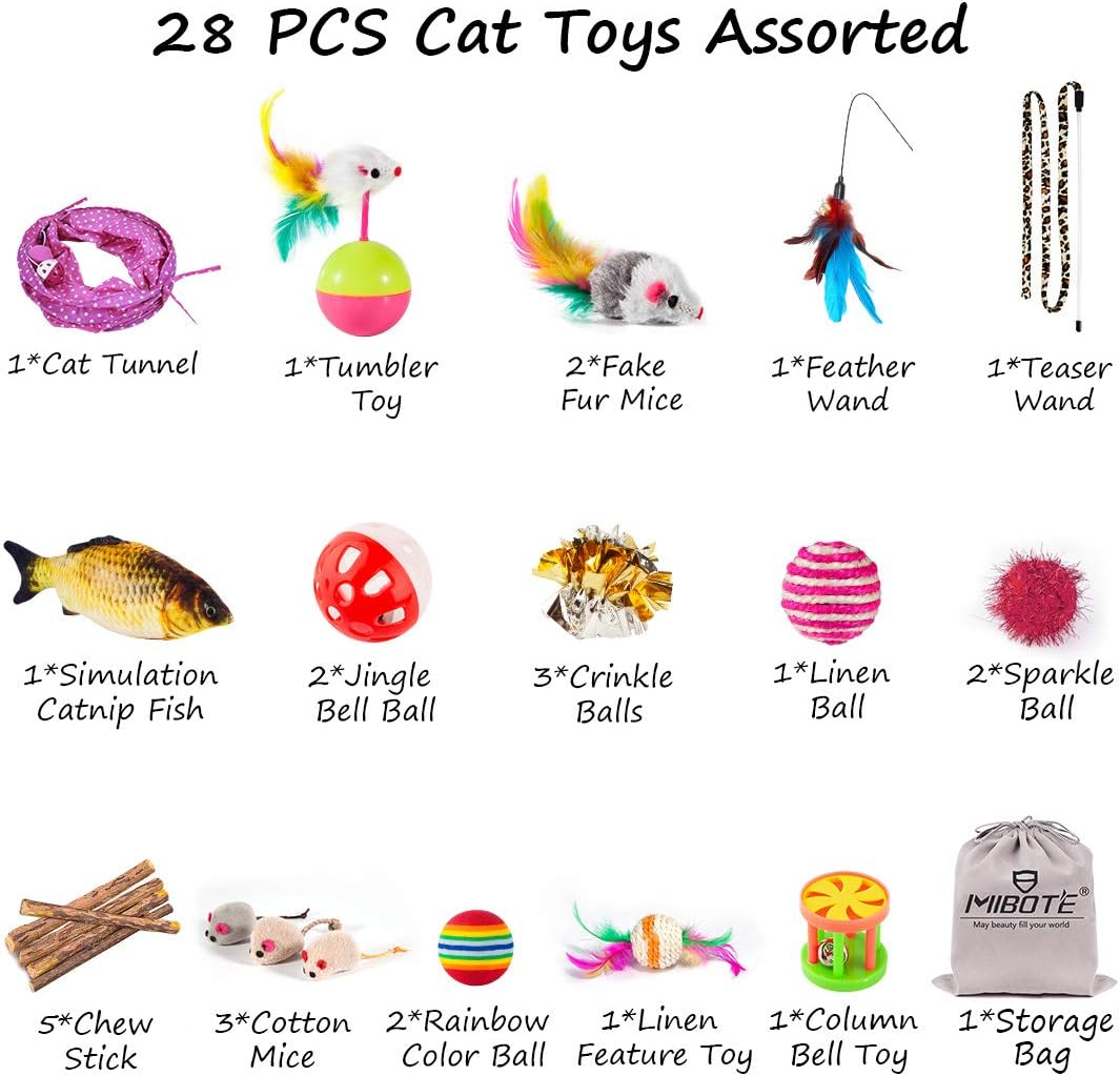 28Pcs Cat Toys Kitten Toys Assorted, Cat Tunnel Catnip Fish Feather Teaser Wand Fish Fluffy Mouse Mice Balls and