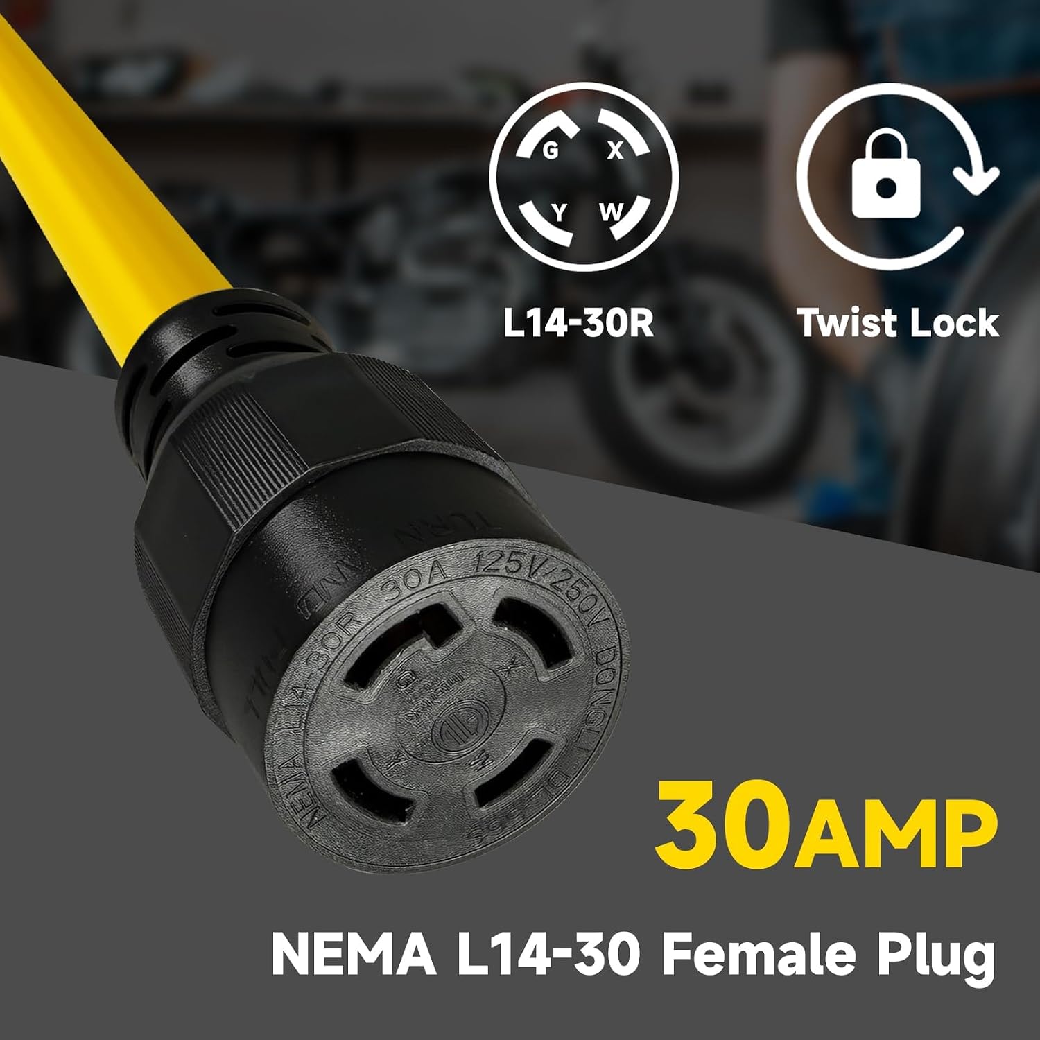 10 Ft 10/4 30-Amp Generator Outdoor Extension Cord, L14-30P/R, Yellow | 10 Gauge SJTW 4-Prong 125/250V 7500W NEMA