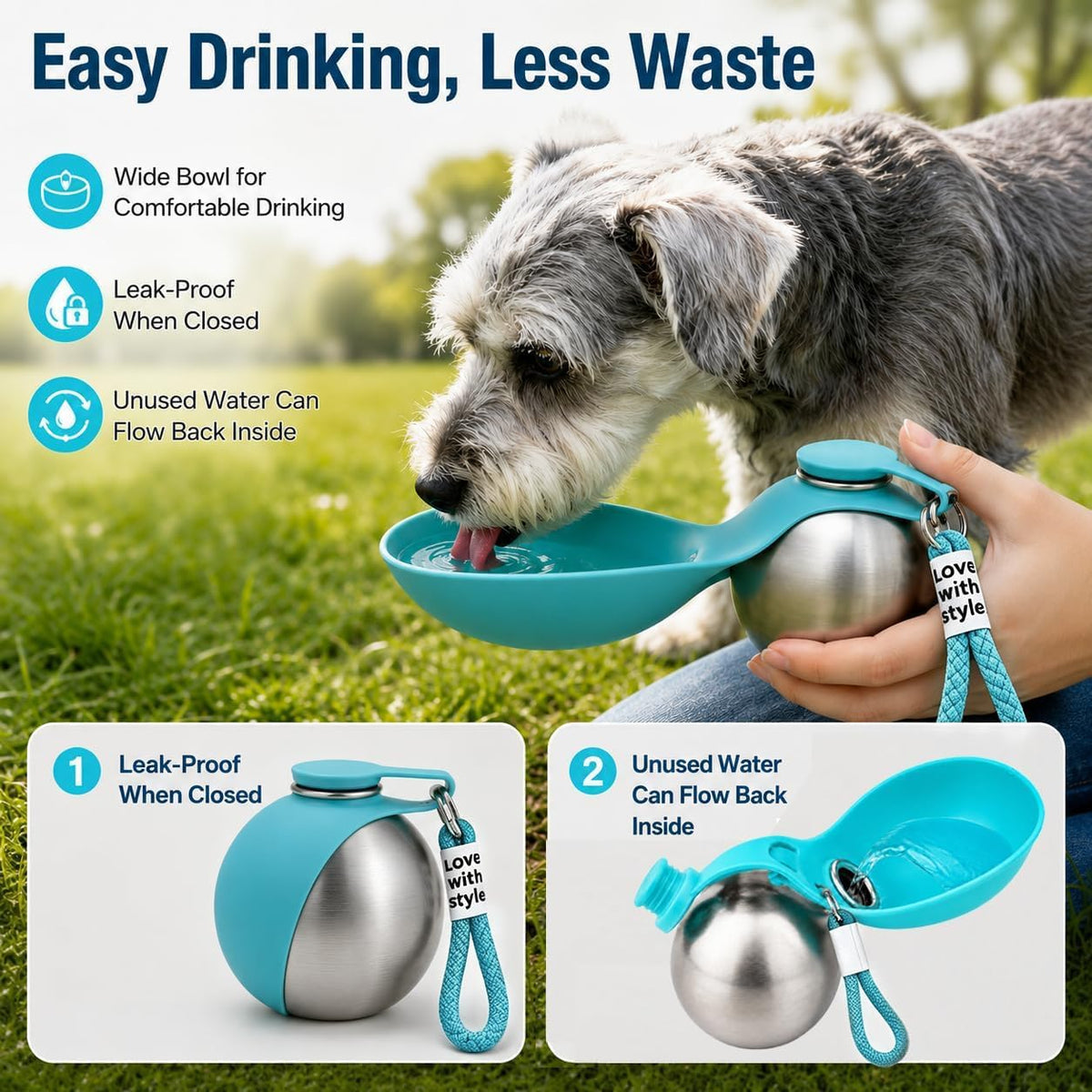 2 in 1 Portable Dog Water Bottle, 285ml Foldable Dog Travel Water Bottle with Silicone Bowl, Leak Proof Pet Water