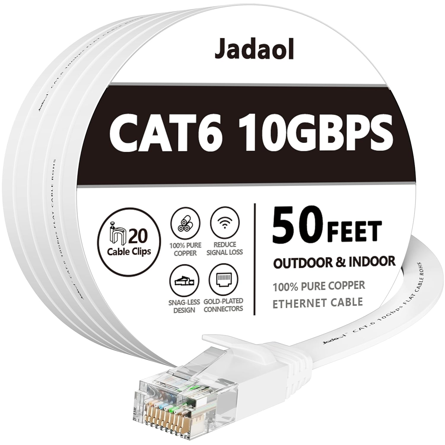 Cat6 Ethernet Cable 50FT with Clips 10Gbps Flat Network Cable, White | 1FT 3FT 5FT 10FT 15FT 20FT 25FT 30FT 35FT 60FT