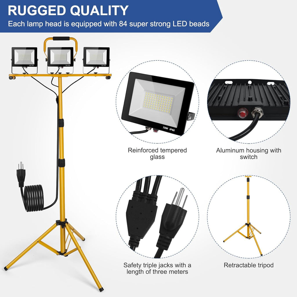21000Lumens LED Work Lights with Stand, 3 Adjustable Work Lamp Head With Individual Switch, IP66 Waterproof Tripod