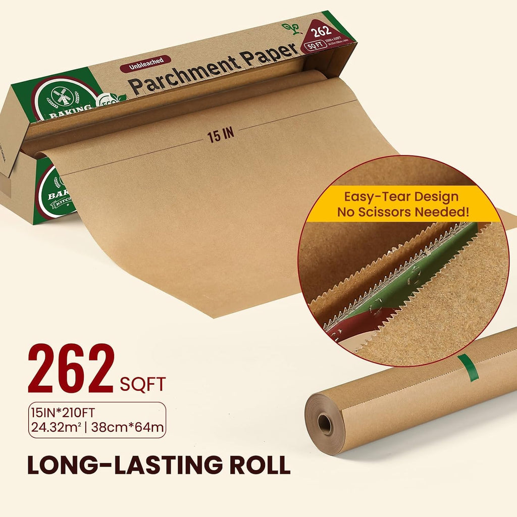 Unbleached 15in x 210ft Parchment Paper Roll for Baking- 262 Sq.Ft