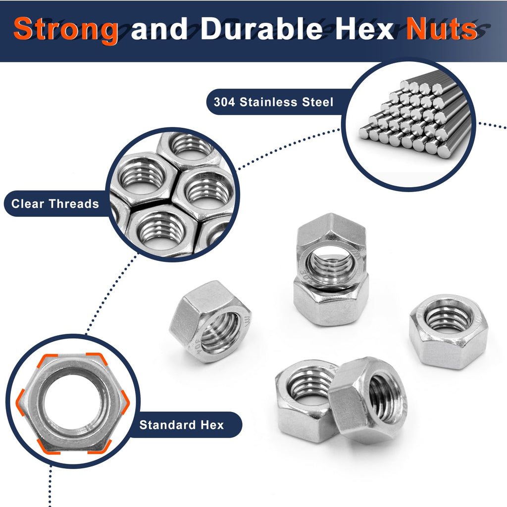 510 Pcs SAE & Metric Hex Nut Assortment Kit;304 Stainless Steel Nut Set