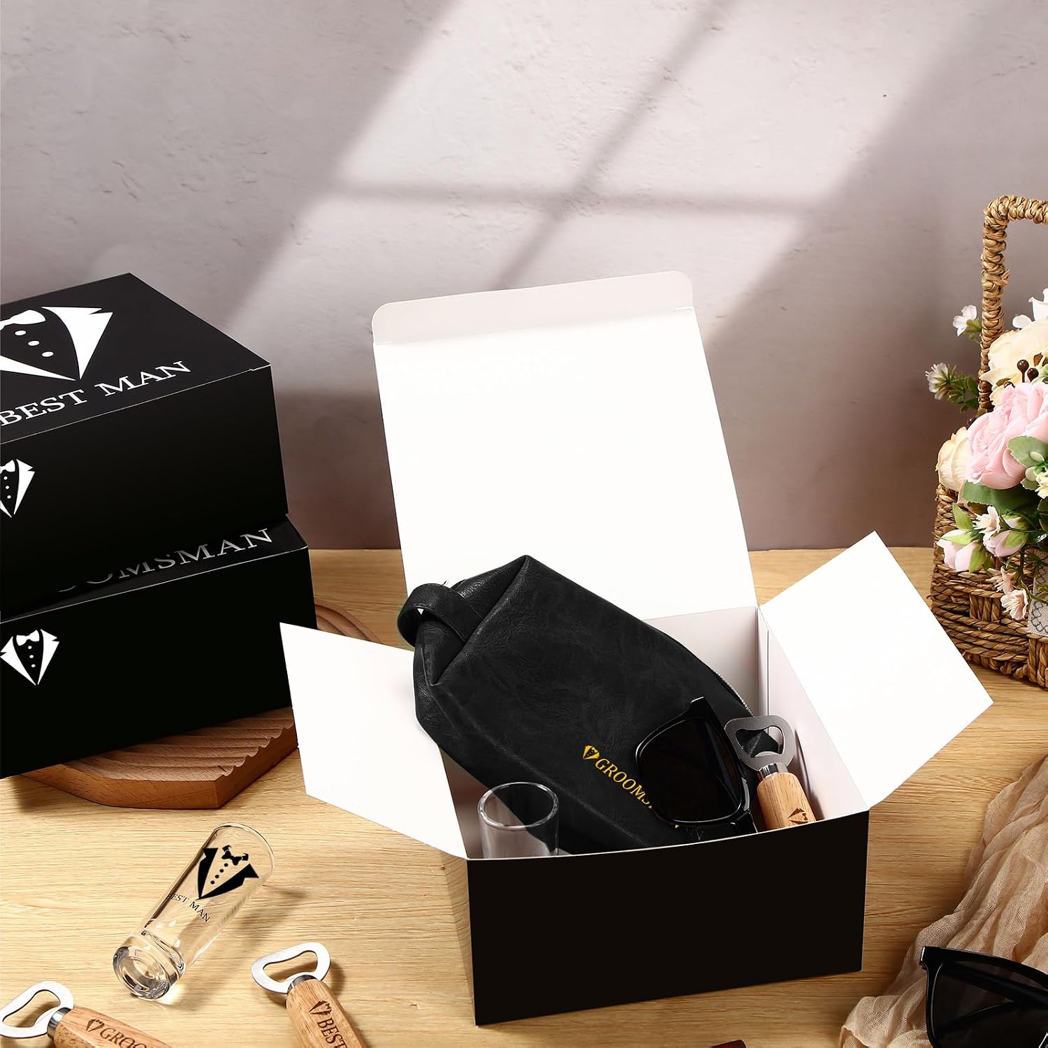 36 Pieces Groomsmen Gifts Set of 6, Groomsmen Proposal Box with Shot Glasses Sunglasses PU Leather Toiletry Bag Wood