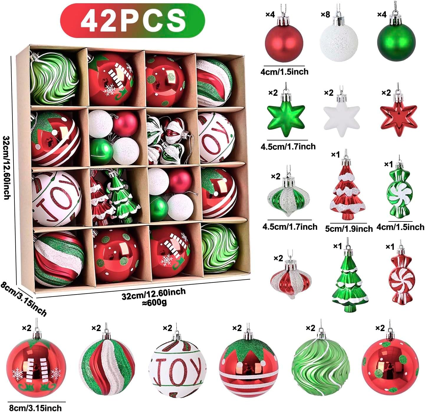 Christmas Tree Ball Ornaments Set, 42ct 3.15 Inches Red Green White Assorted Xmas Tree Ball Ornaments, Shatterproof