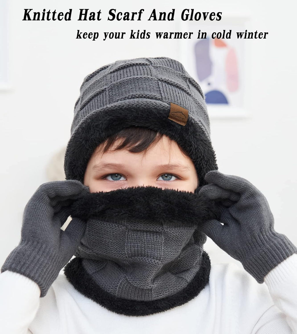 Kids Winter Beanie Hat Scarf Touchscreen Gloves Set for Boys Girls 4-15 Years Warm Skull Cap Fleece Lined Knitted Hat