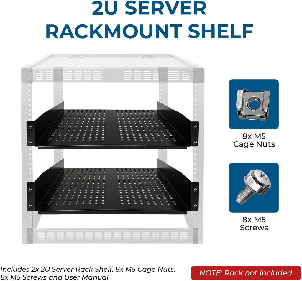 OREI 2U Vented Rack Shelf, 19-Inch Steel, 22 kg Capacity, 2-Pack, Universal