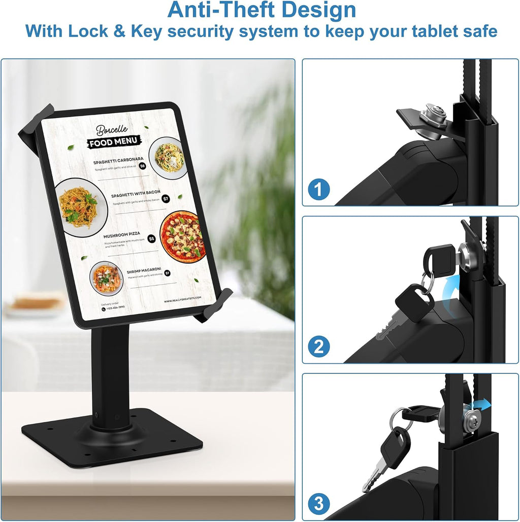 Anti-Theft Aluminum Tablet Kiosk Stand, iPad POS Locking Holder | Mount for 7.9-11" Tablets, 360° Swivel Bracket &