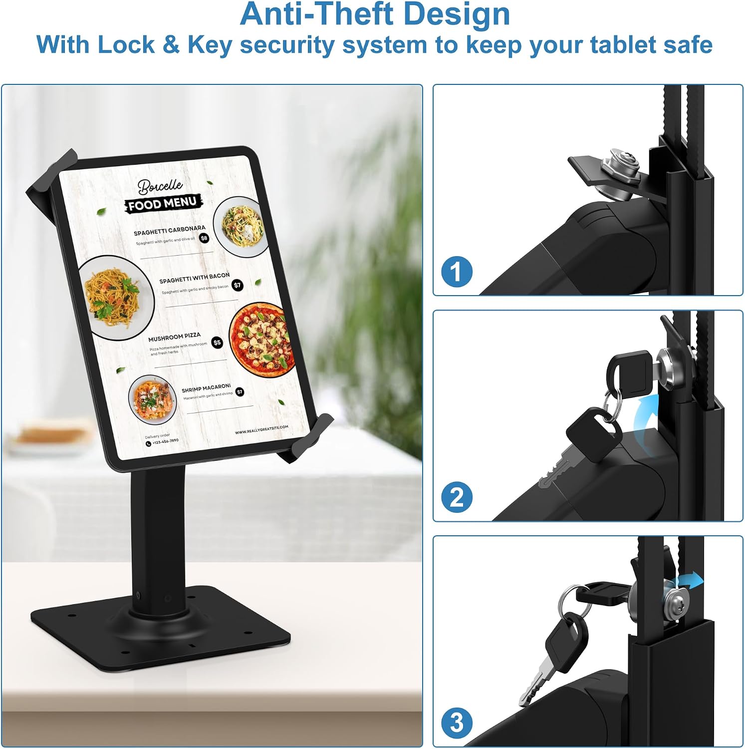 Anti-Theft Aluminum Tablet Kiosk Stand, iPad POS Locking Holder | Mount for 7.9-11" Tablets, 360° Swivel Bracket &