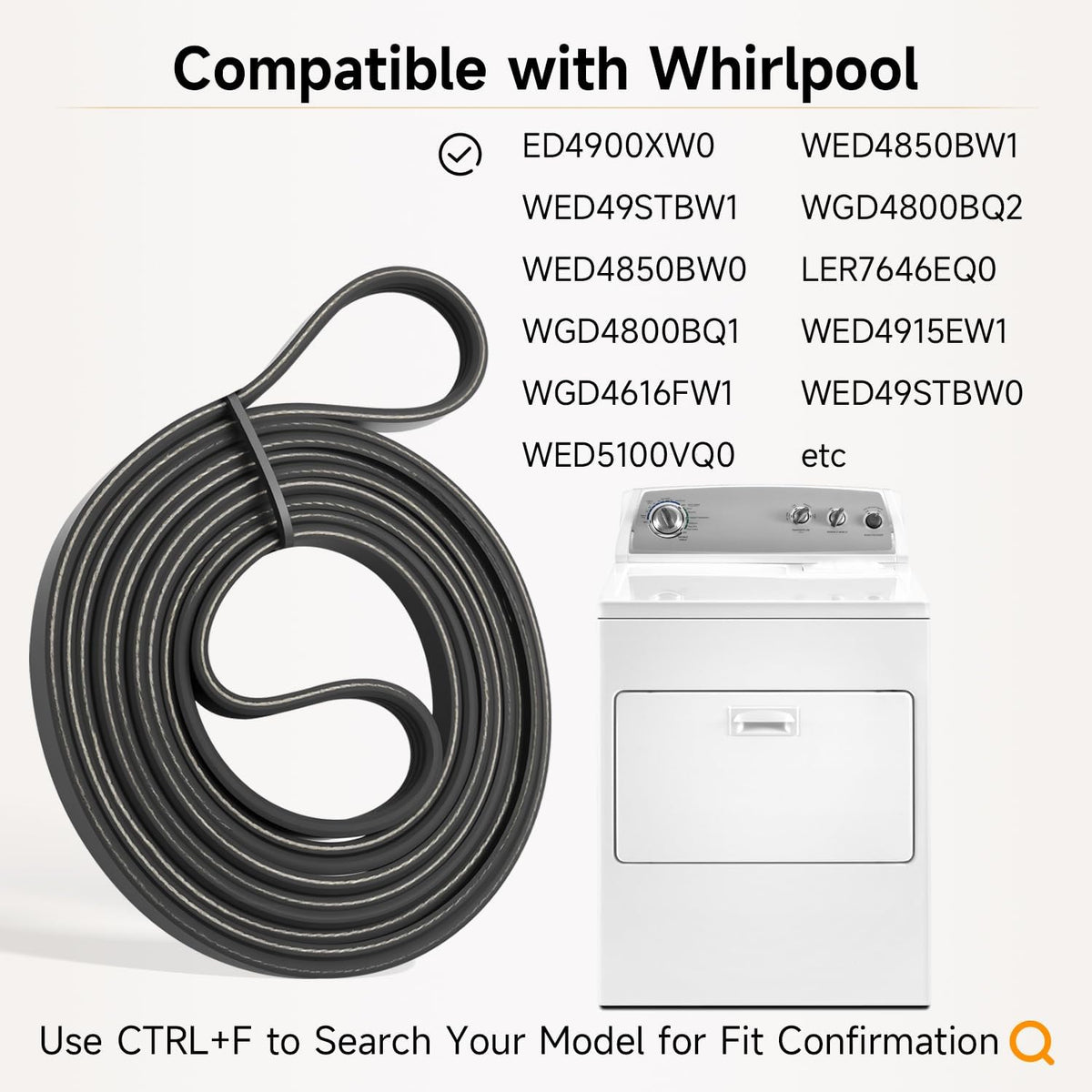 Dryer Drum Belt Dryer Drive Belt Replacement Compatible with Whirlpool WED4900XW0 WED49STBW1 WED4850BW0 WGD4800BQ1 WGD4616FW1 WED5100VQ0 WED4850BW1 WGD4800BQ2 LER7646EQ0 WED4915EW1