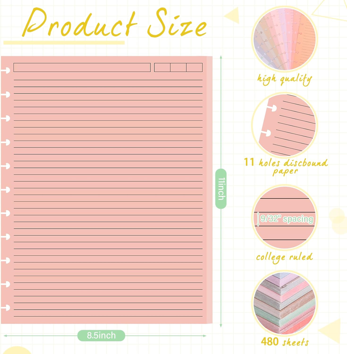 12 Pack 480 Sheets Colored Discbound Refill Paper 8.5 x 11 Inch College Ruled 11 Disc Letter Size Lined Paper