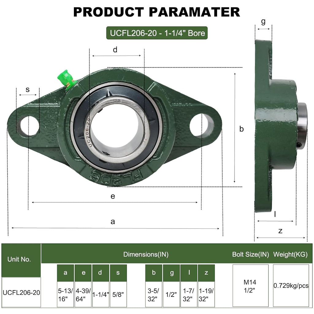 2 Pack UCFL206-20 Pillow Block Bearing – Flange 2 Bolt Mounted Pillow Block Bearings – Bearing Steel Bearings with 1-1/4" Bore - Self-aligning Bearings with Solid Cast Iron Base