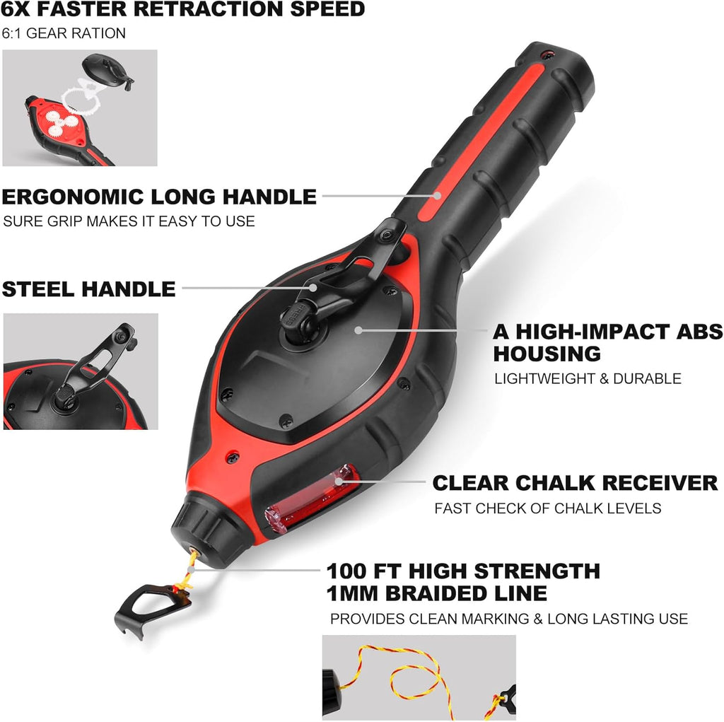 Pro Chalk Line with Handle Releaser – 100ft Chalk Reel and 6:1 Gear Ratio, ABS & TPR Chalk Box, Strong Construction
