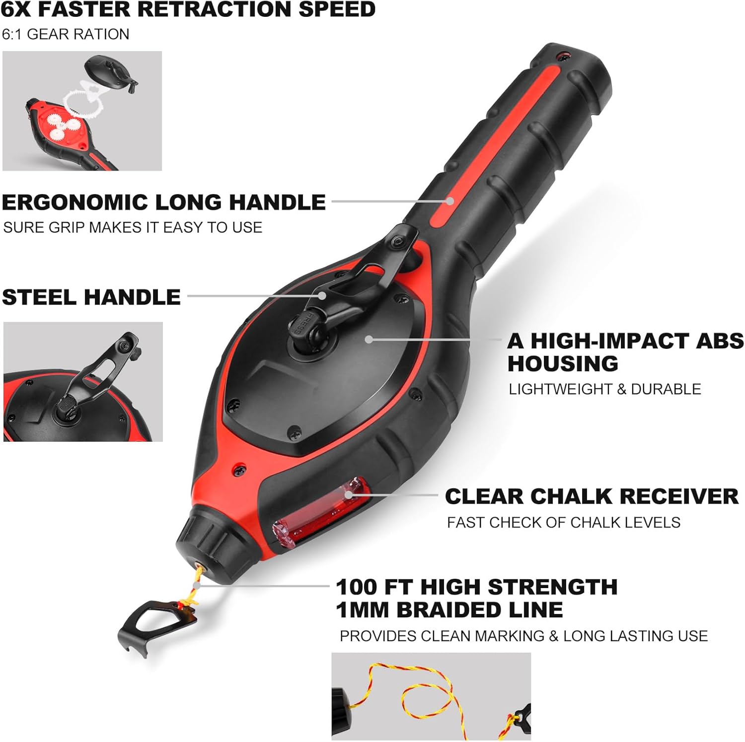 Pro Chalk Line with Handle Releaser – 100ft Chalk Reel and 6:1 Gear Ratio, ABS & TPR Chalk Box, Strong Construction