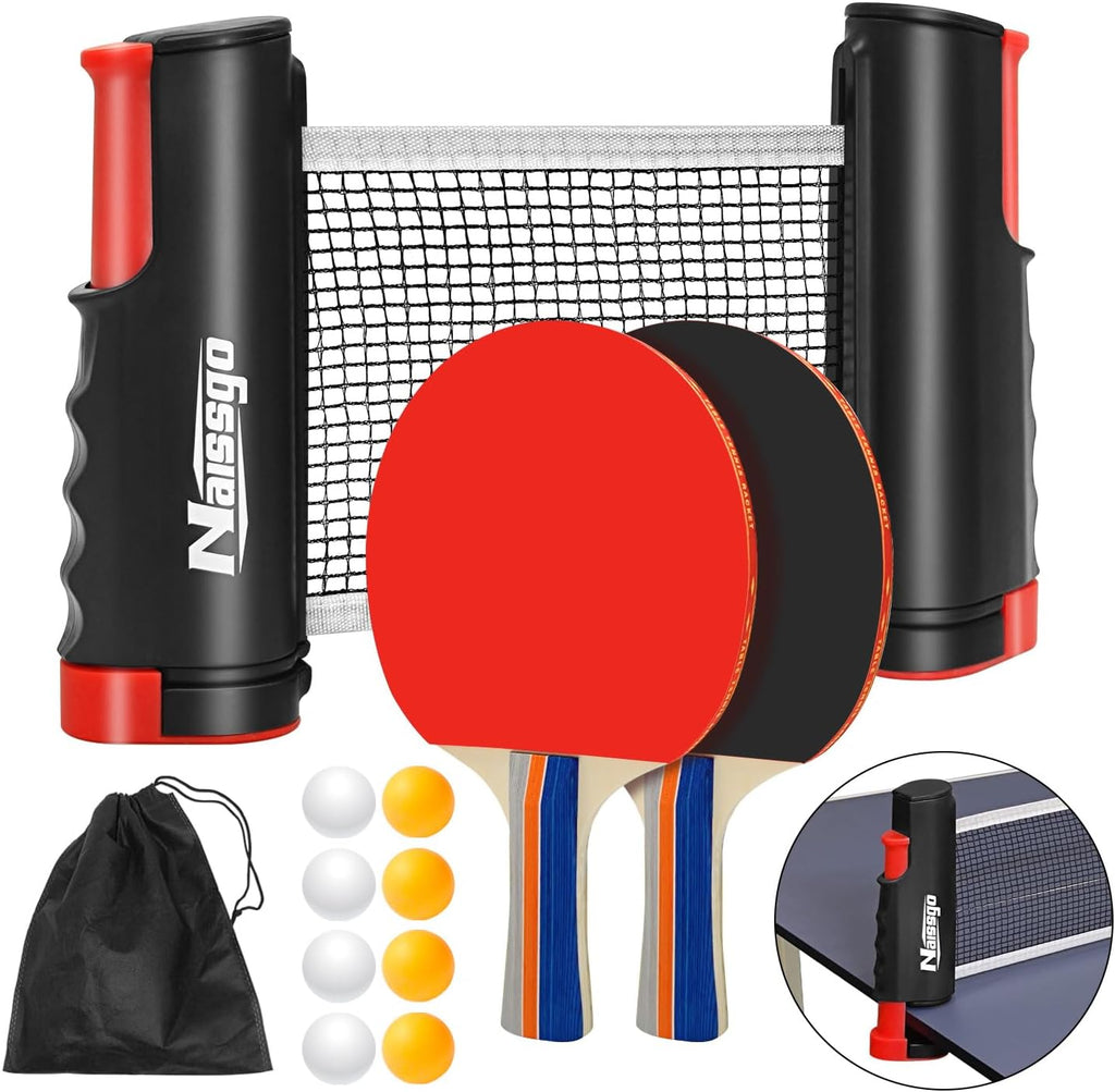 Table Tennis Set with Retractable Net, Portable Ping Pong Paddle Set with 2 Rackets, 8 Balls and Mesh Bag, Easy Setup