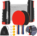 Table Tennis Set with Retractable Net, Portable Ping Pong Paddle Set with 2 Rackets, 8 Balls and Mesh Bag, Easy Setup