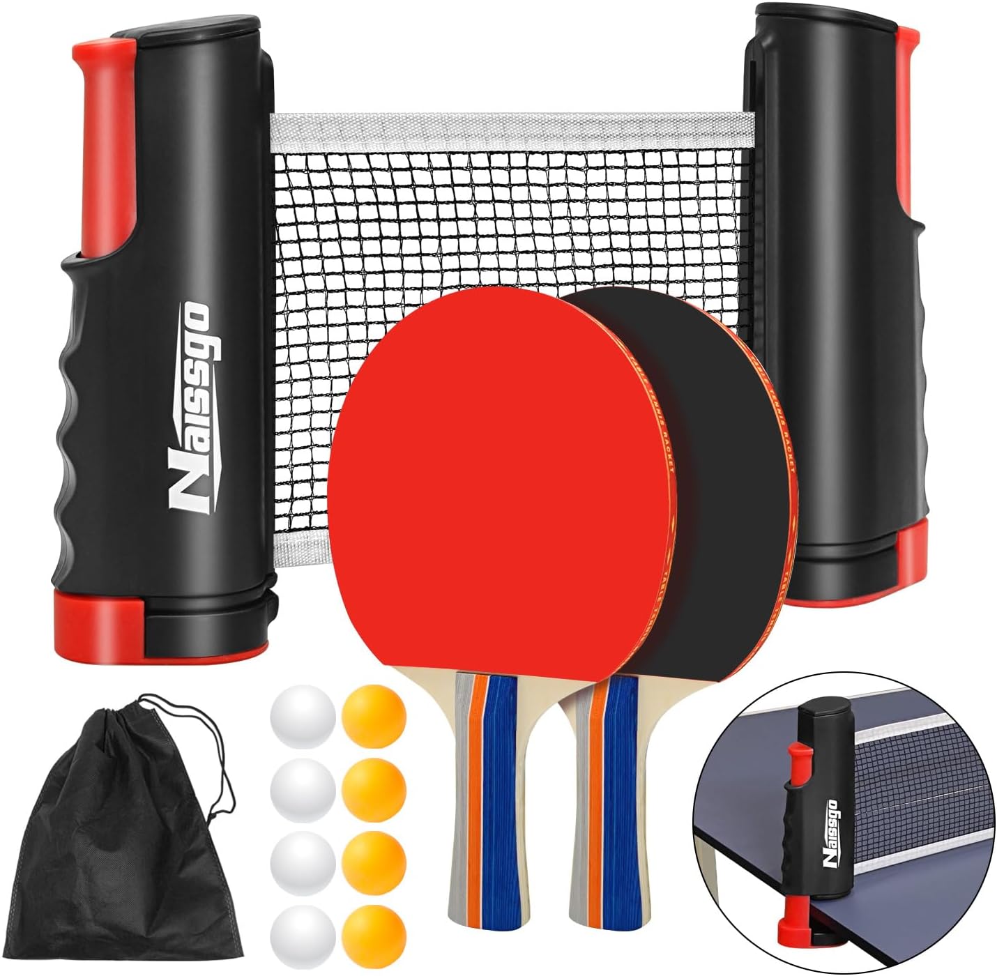 Table Tennis Set with Retractable Net, Portable Ping Pong Paddle Set with 2 Rackets, 8 Balls and Mesh Bag, Easy Setup