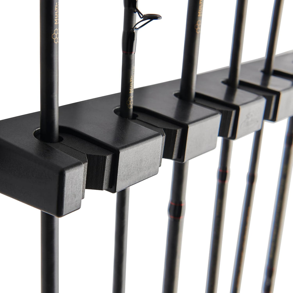 Vertical Fishing Rod Rack, Stores 6 Rods, Black, Soft Foam Grip Pads Protect Rod Finishes, Durable Construction, Easy