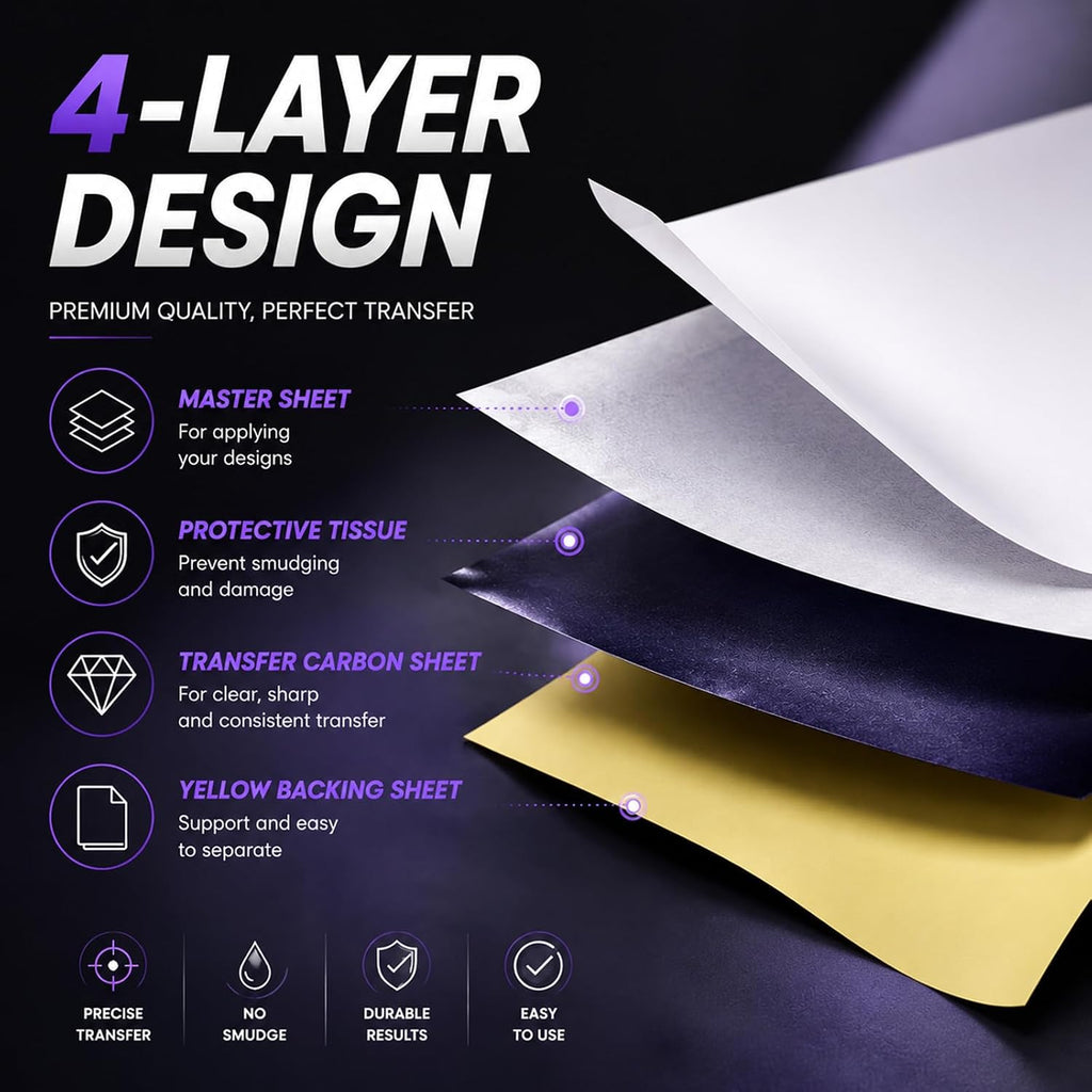 Tattoo Transfer Paper 50 Sheets - Stencil Paper 4-Layer 8.5" x 11" Professional Thermal Transfer Paper for Tattoo