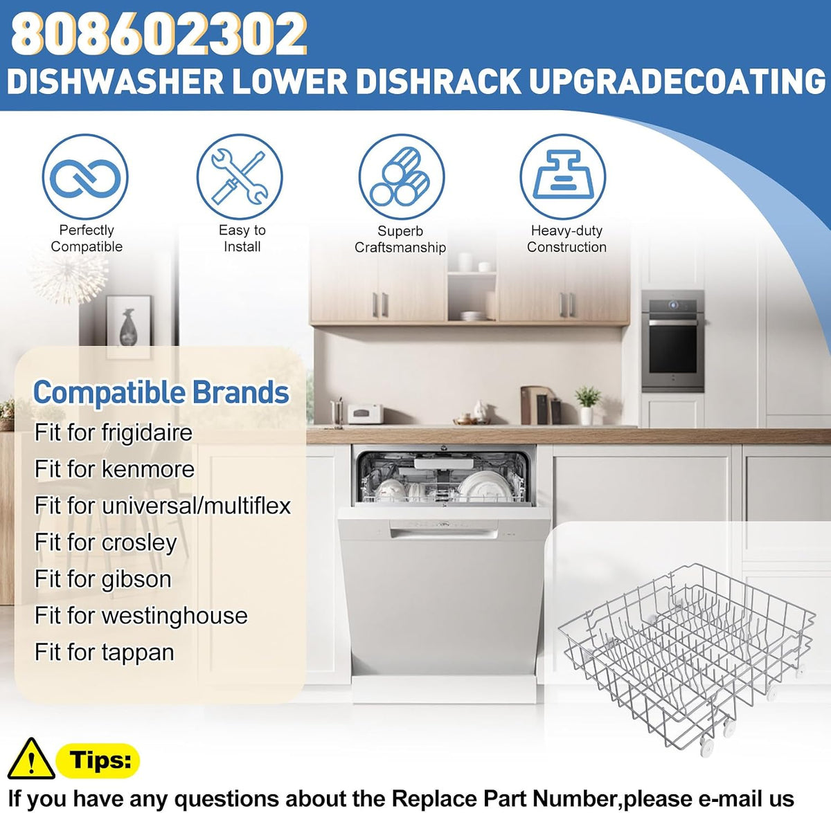 808602302 Dishwasher Lower Rack Replacement for frigidaire dishwasher