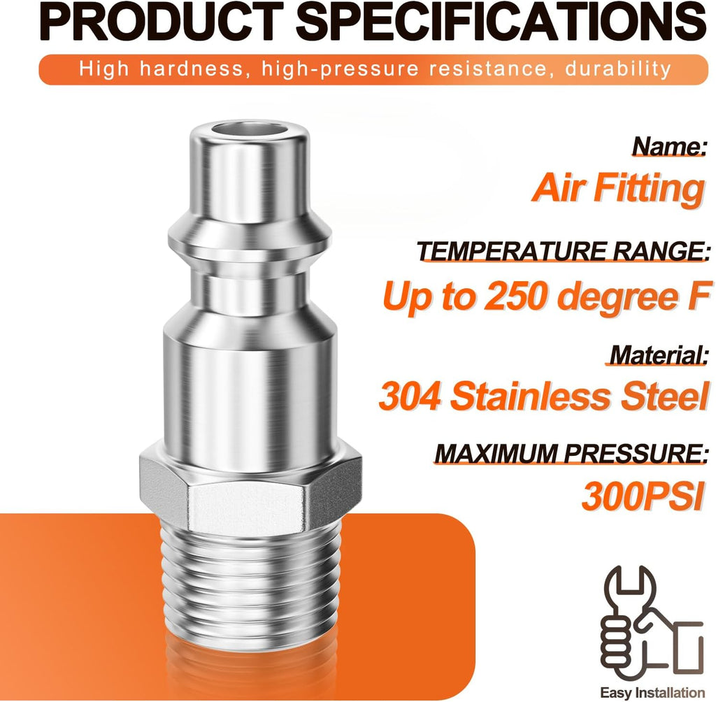 GASHER 10PCS 1/4" MNPT x 1/4" Flow 304 Stainless Steel Industrial Air Plug