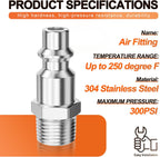 GASHER 10PCS 1/4" MNPT x 1/4" Flow 304 Stainless Steel Industrial Air Plug