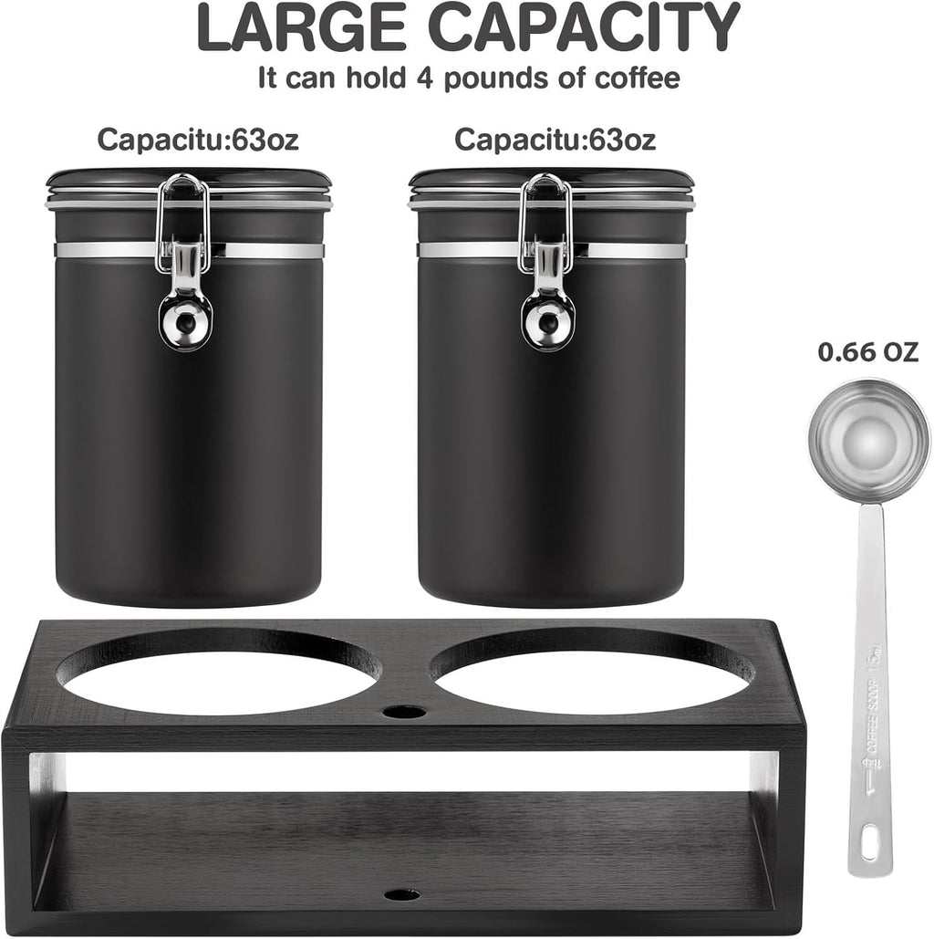 2×63OZ Stainless Steel Coffee Canister with Shelf and Scoop for Coffee Bar | Airtight Lid Coffee Container, Large