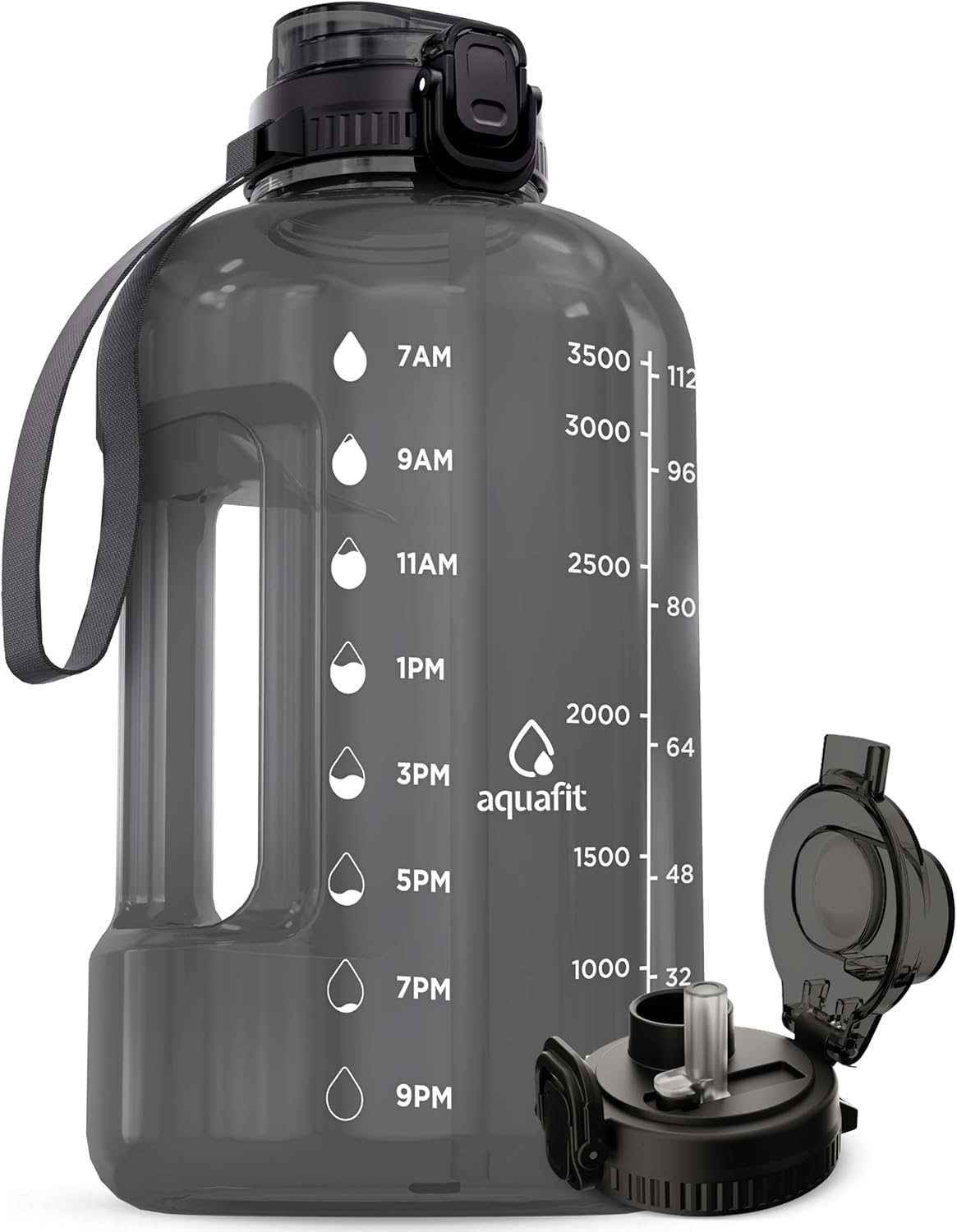 Gallon Water Bottle with Time Marker, 2in1 Lid | BPA Free 128 oz Water Bottle with 2in1 Straw and Chug Lid