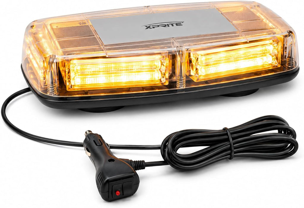 Amber COB LED Rooftop Strobe Beacon Light, 12V Magnetic Base Caution Lightbar with 19 Flash Patterns for Construction