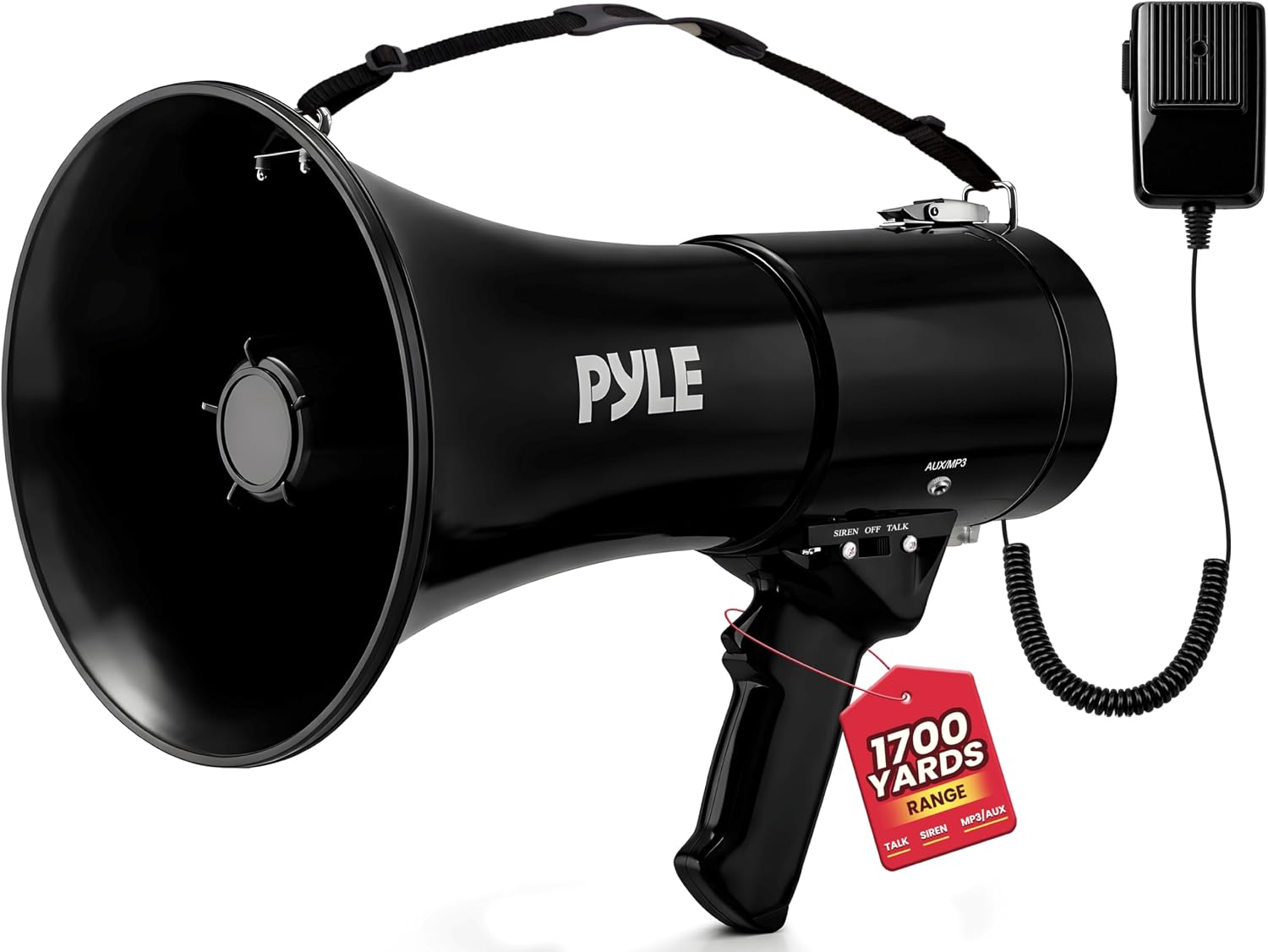 50W Megaphone Speaker PA Bullhorn - Built-in Siren, Adjustable Volume Control, 35mm Aux Input, 1554 Meters Range