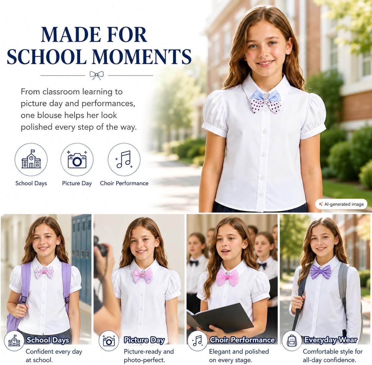 Wrinkle-Free White Girls Blouse: School Uniform 5 Bow Ties Shirt | Ages 6-13, students, classroom days, picture day